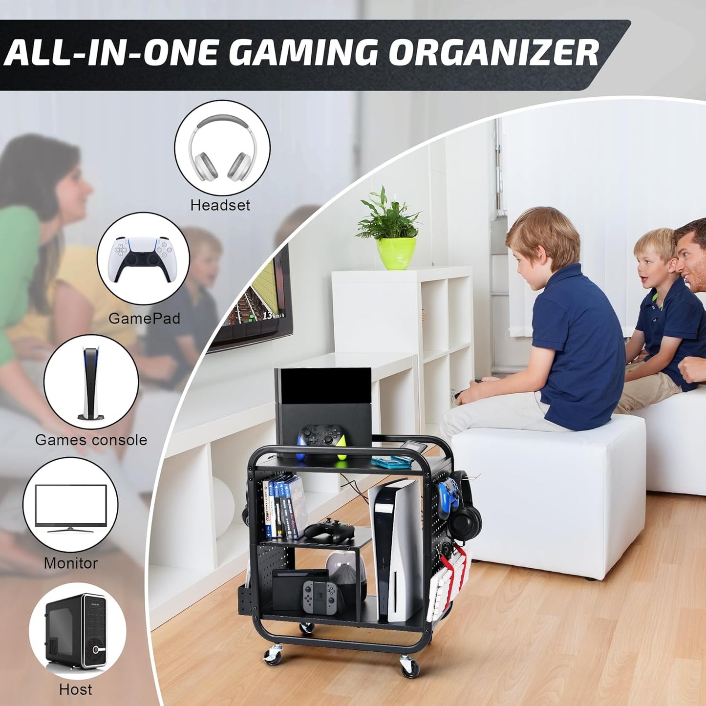 PLKOW Video Game Organizer, Rolling Video Game Storage Rack for Xbox/Switch/PS4/PS5 Accessories, Game Consoles Stand Controllers Holder, Perfect Holiday Present (Black)