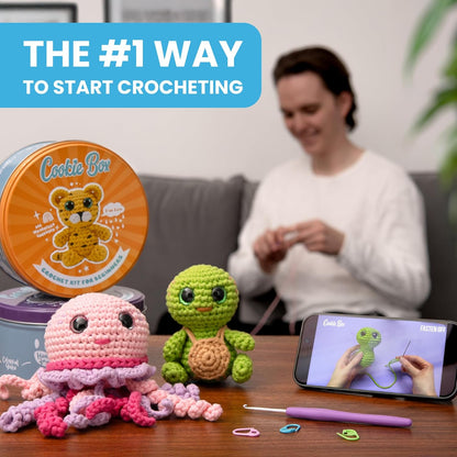 Cookie Box Crochet Kit for Beginners – Gift Set to Make Leopard Leo Amigurumi Plushie – Easy DIY Crochet & Knitting Starter Kit with Video and PDF Tutorials
