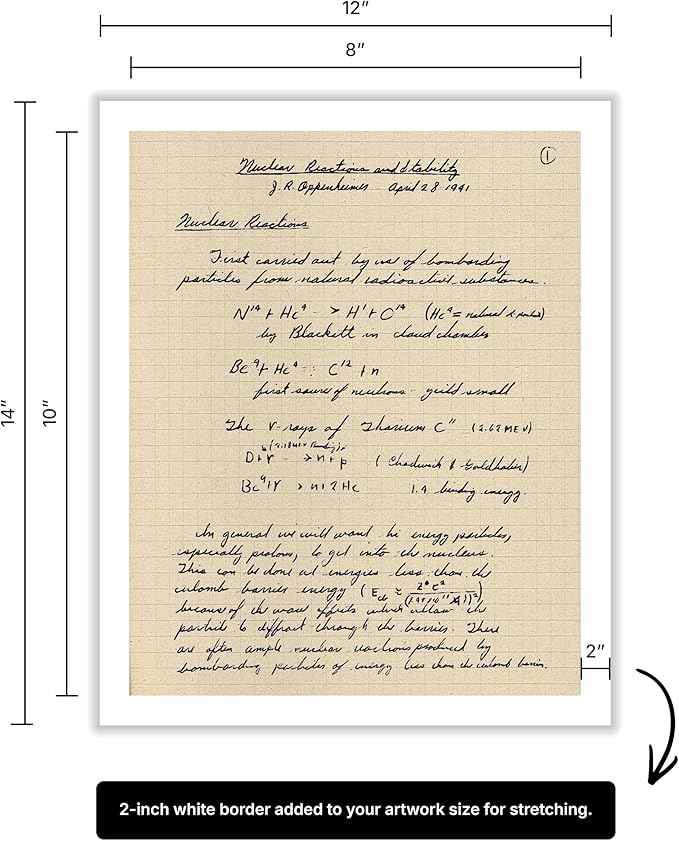 Poster Master Oppenheimer Canvas - Retro Atomic Bomb Manuscript Print - Manhattan Project Art - Gift for Him, Her, Scientist - Physics Decor for Office, Library - 8x10 ROLLED Canvas