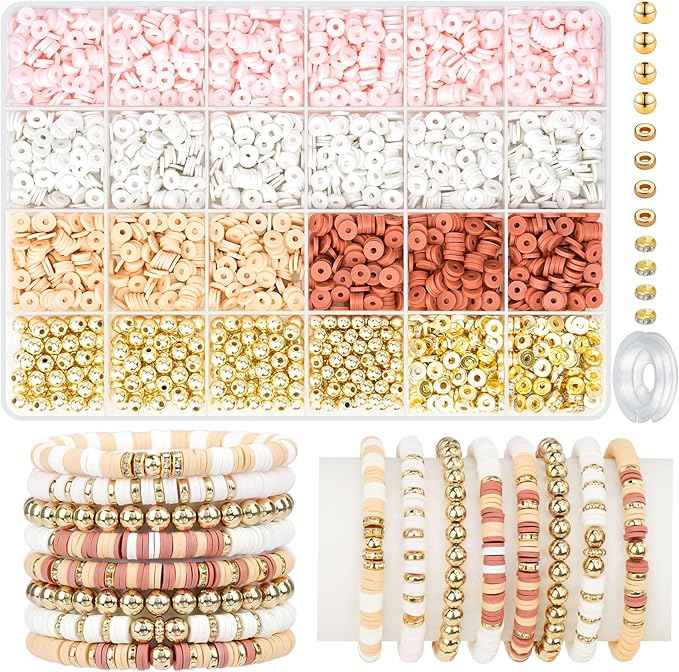 Gionlion 3000 Pcs Clay Beads for Bracelets, Bracelet Making kit Golden Beads for Jewelry Making, Charms Bracelet Kit DIY Arts and Crafts Birthday Easter Gifts