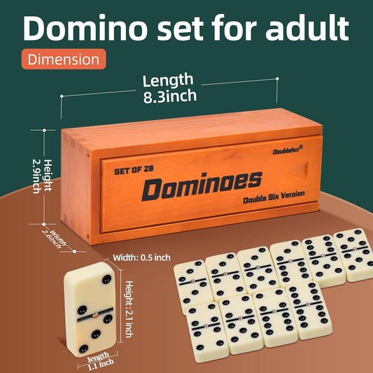 Dominos Set for Adults, Jumbo Size Double 6 Dominoes Set, Classic Board Game for Adults and Elderly, Double Six Thick Size Domino with Spinner 28 Tiles in Exclusive Brown Wooden Box.