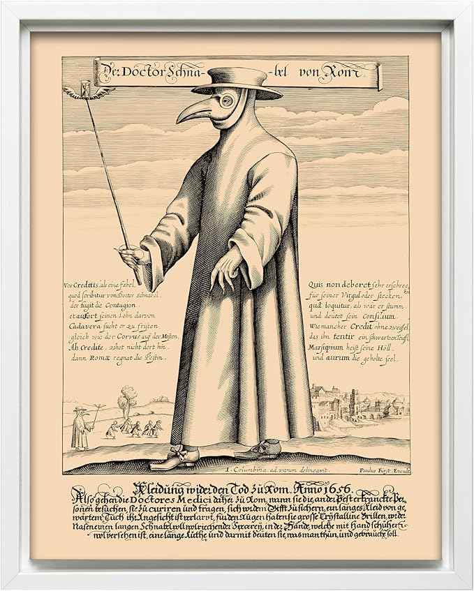 Poster Master Doctor Schnabel from Rome Canvas - Retro Plague Doctor Print - Medieval Art - Gift for Men & Women - Great Wall Decor for Dorm, Living Room or Bedroom - 24x32 White Framed Canvas