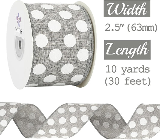 MEEDEE Polka Dots Burlap Ribbon - 2.5 Inch Wired Ribbon for Baby Shower, Farmhouse Decor, Elephant Wreath, Cakes - 10 Yards - Crafty Corner
