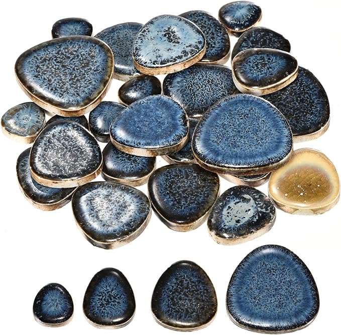 MECCANIXITY 100g Ceramic Mosaic Tiles for Crafts Bulk, Pebble Blue Glazing Ceramic Tiles for Mosaic Kits Garden Stepping Stone Cup Mat