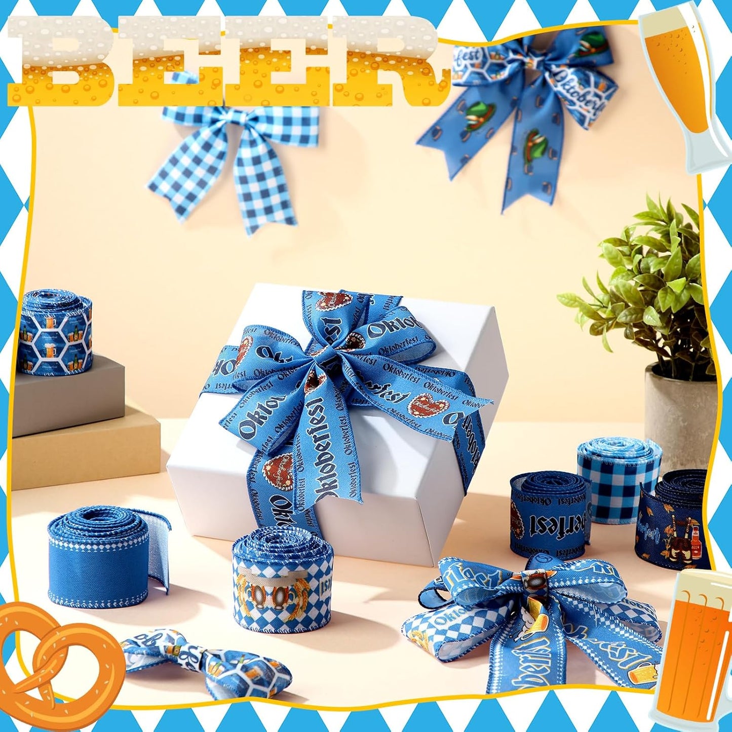 12 Rolls Oktoberfest Wired Edge Ribbon for Wreaths 2.5 Inch x 30 Yards Blue and White Print Grosgrain Ribbon Bavarian German Beer Crafts for Oktoberfest Party Decorative Supplies, 12 Styles - Crafty Corner