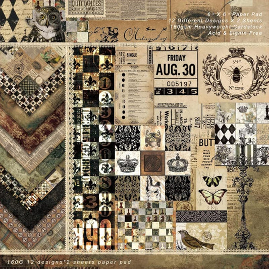 Dark Academia Scrapbook Paper Pad 6x6, Assorted Pattern Decopodge Cardstock Paper, Single-Sided Vintage Scrapbooking DIY Decorative Cardmaking Supplies, Junk Journaling Craft Paper-24Pcs