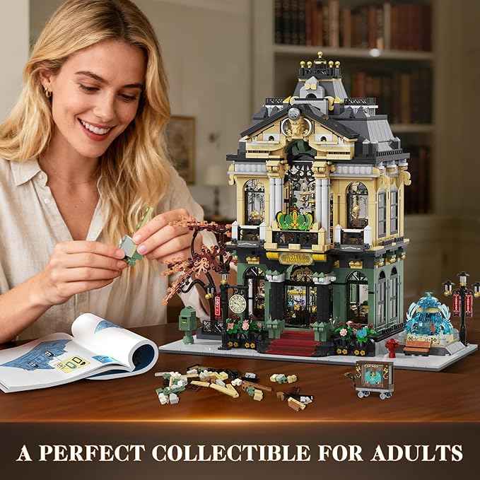 INSOON City Jewelry Store Building Set with Lights & Cart Fountain, 1933 PCS Street House Modular Construction Model, Home Decor Big Jewelry Shop Building Block Kit, Gift for Adults Boys Girls 14+