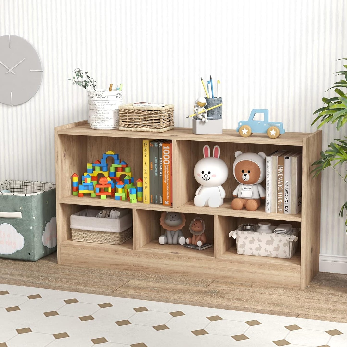 Toy Storage Organizer, 2-Tier Kids Bookshelf, 5 Cube Kids' Bookcases, Cabinets & Shelves, Wooden Toy Organizers, Small Book Shelf for Bedroom, Playroom, Classroom, Nursery (Natural)