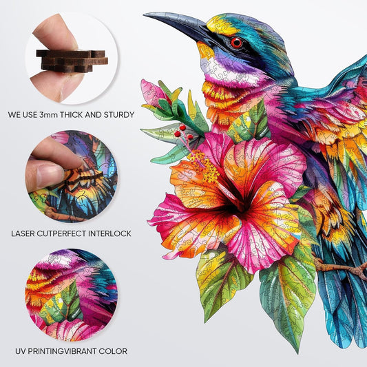Wooden Puzzle for Adults, Hummingbird Jigsaw Puzzles 200 Piece, Unique Shapes Family Reunion Puzzle for Adults and Kids, Beautiful Package, Best Gift for Family Friends Medium 11.4x11in