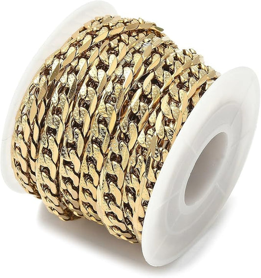 LiQunSweet 16.4 Feet(5m) 304 Stainless Steel Cuban Chain Roll Curb Chains Unfinished Gold Plated Roll for Men Women Jewelry Making DIY Crafts - 9x6mm