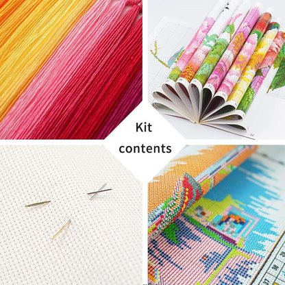 Dimensean Stamped Cross Stitch Kits Full Range of Embroidery Patterns Starter Kits for Beginners Adult or Kids DIY Cross Stitches Needlepoint Kits 11CT-Colorful Flower Deer 15.7x19.7 inch