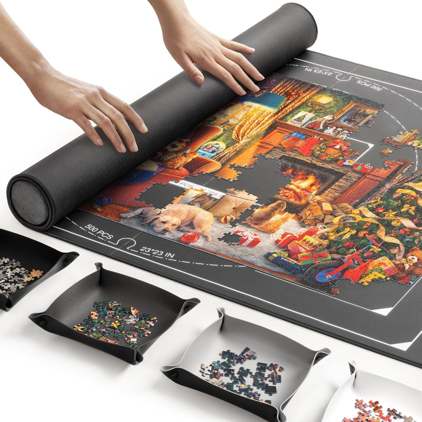 ropoda 1500 Pieces 46" x 26 "Puzzle Mat Roll Up, Puzzle Saver with 4 Large Sorting Trays & Travel Storage Bag, Portable Rollup Puzzles Keeper (Black)