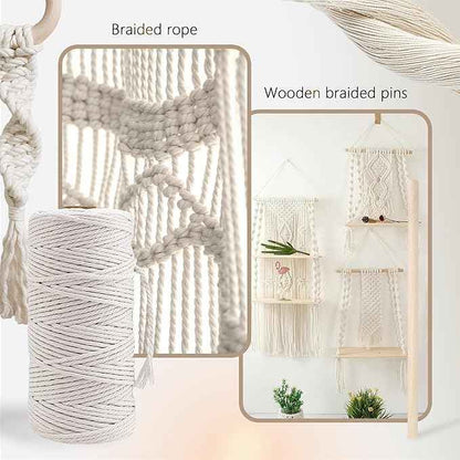 227pcs Macrame Kits 3mm 115yards Wall Hanging Natural Cotton Macrame Cord with Wooden Beads & Rings Wooden Sticks, Metal S-hooks Supplies for Hanging Plant Hand Tassel weaving