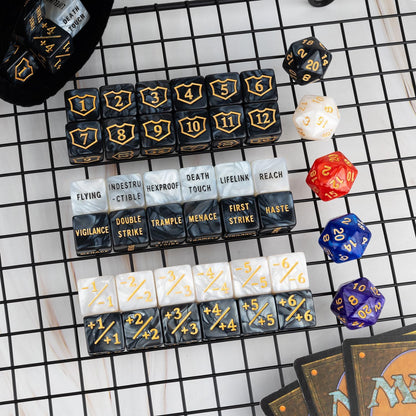 65 Pieces MTG Dice Counters Life Keyword Counter Dice Set Plus One/+1 Buff Abilities Shield Tokens for MTG, TCG, Cards Gaming Accessories