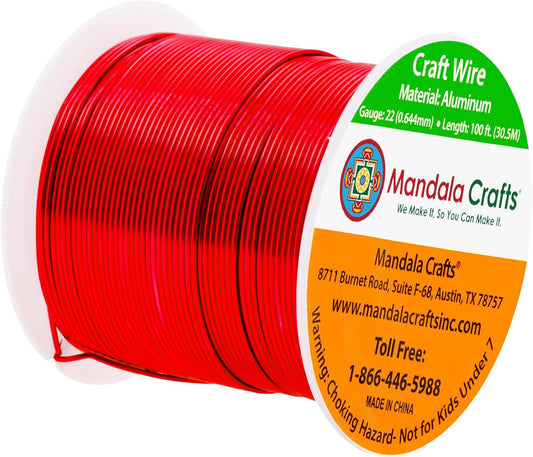 Mandala Crafts 22 Gauge Anodized Aluminum Craft Wire for Jewelry Making - 100 FT Colored Flexible Red Wire - Bendable for Bonsai Armature Crafting Sculpting - Crafty Corner