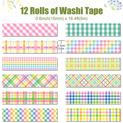 12 Rolls Plaid Washi Tape Set, Colorful Pastel Buffalo Plaid Checkered Masking Decorative Adhesive Tapes for DIY Craft Scrapbook Journals Gift Wrapping Thanksgiving Christmas Party Decor 16.4FT
