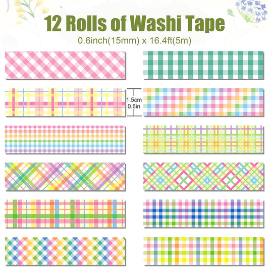 12 Rolls Plaid Washi Tape Set, Colorful Pastel Buffalo Plaid Checkered Masking Decorative Adhesive Tapes for DIY Craft Scrapbook Journals Gift Wrapping Thanksgiving Christmas Party Decor 16.4FT