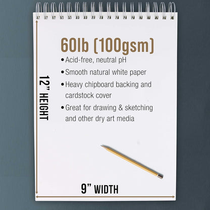 U.S. Art Supply 9"x12" Top Spiral Bound Sketch Book, 2 Pack, 100 Sheets Each, 60lb (100gsm), Acid-Free, Artist Sketchbook, Drawing Pad for Adults & Students