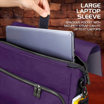 ENHANCE Collector's Edition RPG Player's Essentials DnD Bag - Dragon Hide Exterior Messenger Bag Fits 2-4 Books, Binders, Dice & Accessories, with 17 inch Laptop Slot, Battlemap Straps (Dragon Purple)