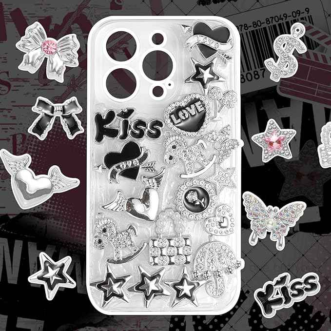 100 Pcs Bling Flat Back Junk Charm Kit for Junk Socks/Shoes/Phone Cases/Bracelets & DIY Accessories, Including Silver and Pink Bows/Hearts/Stars/Rhinestone Charms, Great Christmas Gift Idea for Girls