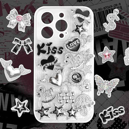 100 Pcs Bling Flat Back Junk Charm Kit for Junk Socks/Shoes/Phone Cases/Bracelets & DIY Accessories, Including Silver and Pink Bows/Hearts/Stars/Rhinestone Charms, Great Christmas Gift Idea for Girls