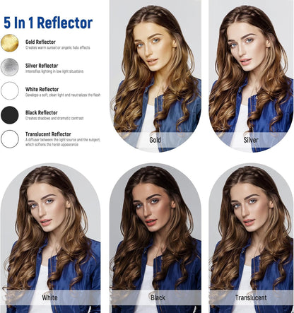 NEEWER 51 Inch/130 Centimeter Light Reflector Diffuser 5 in 1 Collapsible Multi Disc with Bag - Translucent, Silver, Gold, White, and Black for Studio Photography Lighting and Outdoor Lighting