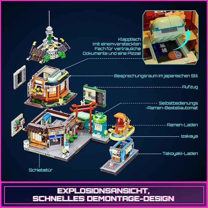 FUNWHOLE Cyberpunk Japanese-Izakaya Lighting-Building-Bricks Set - Cyberpunk Neon City Future Pub Japanese Street View House Collection LED Light Model Set 1987 Pcs for Adults and Sci-fi Lovers