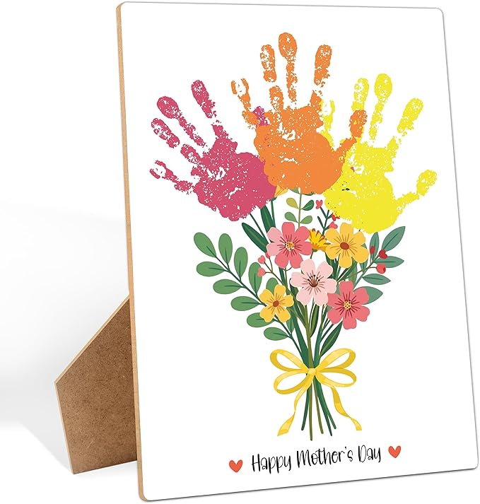 Mother's Day Flower Handprint Art Wooden Making Sign, Mothers Day Crafts Gifts for Mom Grandma Grandmother First Time Mom, Baby Handprint Keepsake for Family Activities, 9x12 Inch
