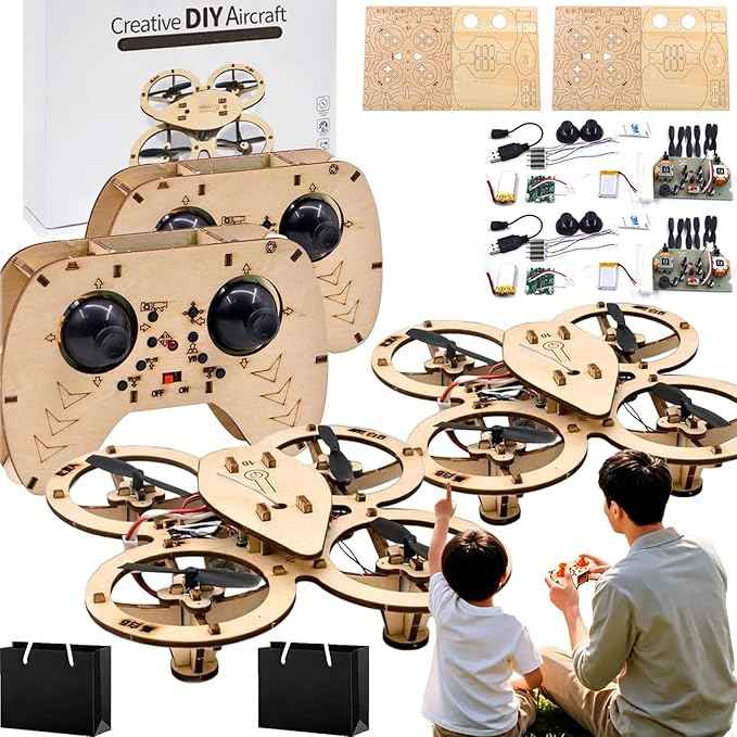 Upgraded DIY Wooden Building Blocks Flying,Wooden Drone Model Kit,Remote Control Aircraft Training,Creative Aircraft(2PCS)