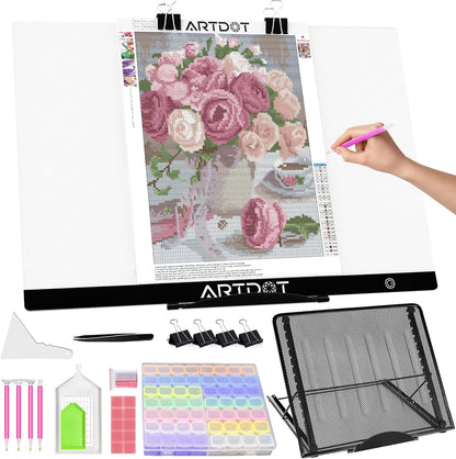 ARTDOT A2 LED Light Pad for Diamond Painting USB Powered Light Board Kit, Adjustable Brightness with 12 Angles Stand and Clips