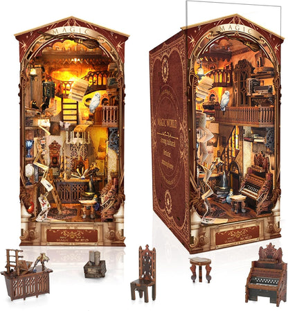 DIY Book Nook Kit,New DIY Dollhouse Booknook Bookshelf Insert Decor,3D Wooden Puzzles with LED,Book Nook Miniature Kit,Birthday Easter Home Decor for Teens Adult-Magic World