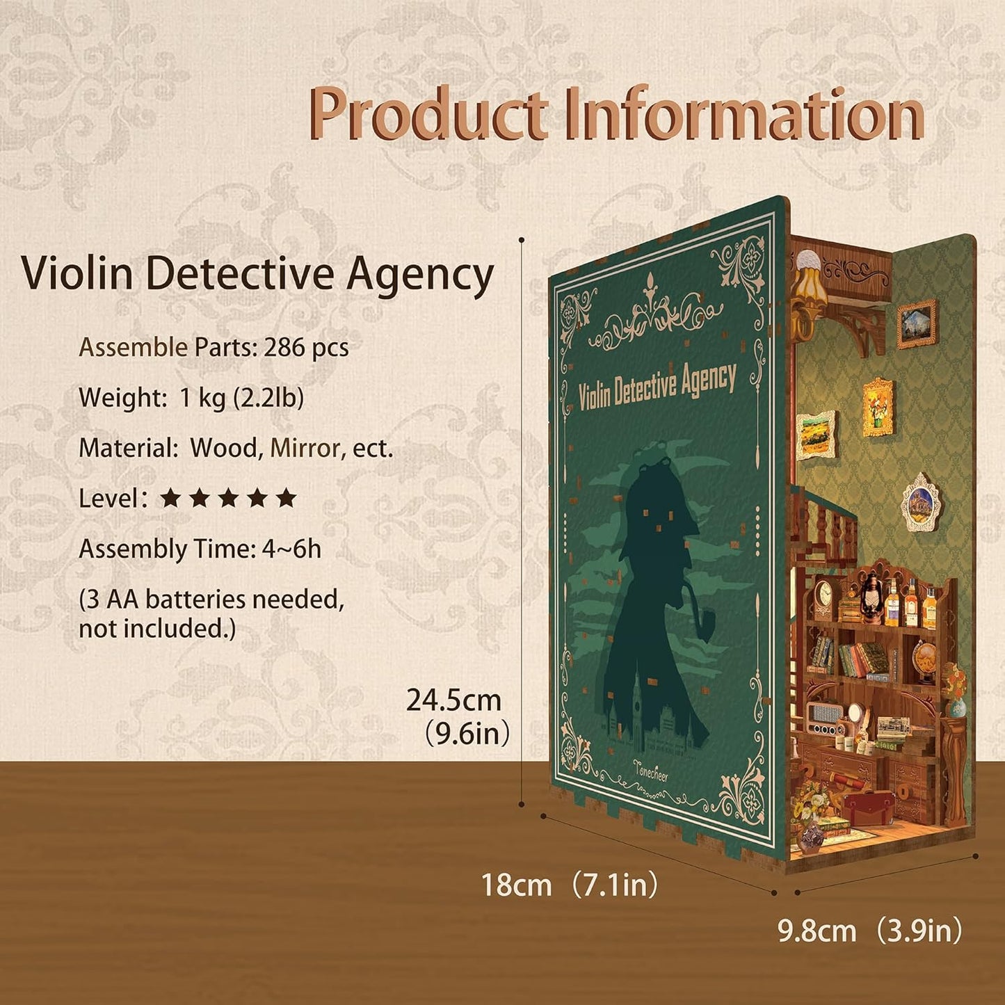 Tonecheer DIY Book Nook Kit for Adults, Wooden 3D Puzzle Bookend Bookshelf Insert Decor, Detective Booknook Miniature House Kit with Dust Cover and Body Motion Sensor LED (Violin Detective Agency)
