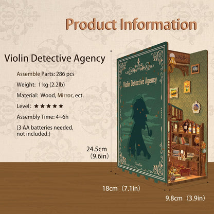Tonecheer DIY Book Nook Kit for Adults, Wooden 3D Puzzle Bookend Bookshelf Insert Decor, Detective Booknook Miniature House Kit with Dust Cover and Body Motion Sensor LED (Violin Detective Agency)