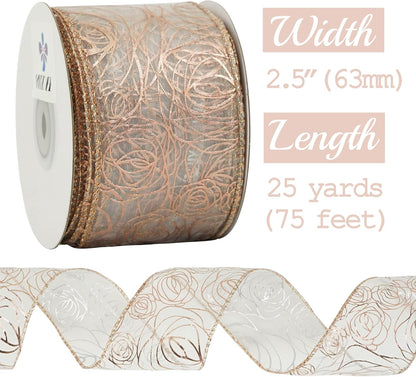 MEEDEE Floral Rose Wired 2.5 Inch Rose Gold Organza Sheer Ribbon, Wedding Bouquet Ribbon, 25 Yards Roll, Pink, For Crafts, Valentine Bow Making, Decor - Crafty Corner