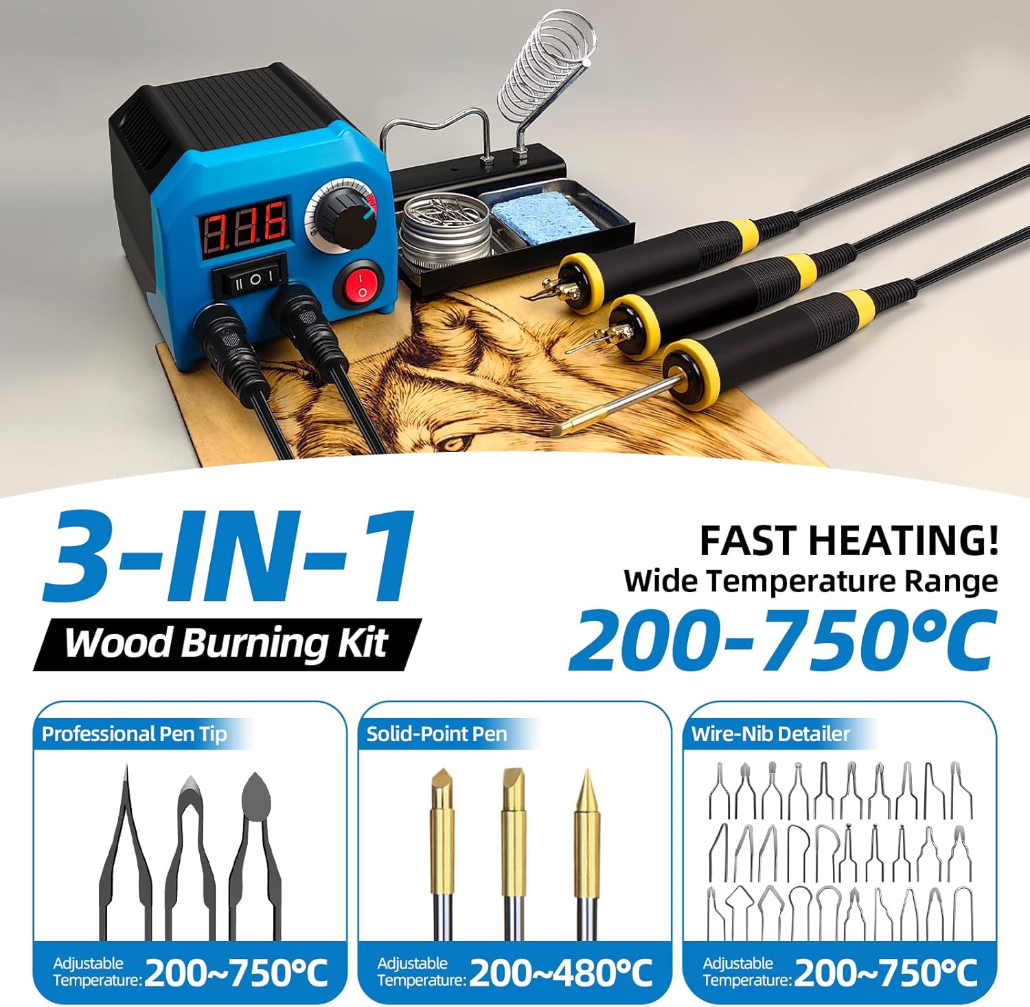 LH55-Z2-NS3 wood burning pen Wood Burning Tool Pen 200~750℃, Wood Burning kit with Digital Thermometer,3 pyrographic Wood Burning pens, 3 solid copper pen tips, 33 Wood Burning Pen Tips - Crafty Corner