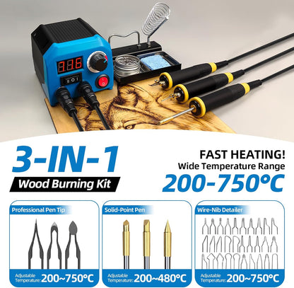 LH55-Z2-NS3 wood burning pen Wood Burning Tool Pen 200~750℃, Wood Burning kit with Digital Thermometer,3 pyrographic Wood Burning pens, 3 solid copper pen tips, 33 Wood Burning Pen Tips - Crafty Corner