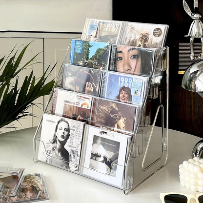 Card Display Stand set of 2, Clear 5-Tiered Shelf For Greeting Card, Stickers, Postcard, Sports Graded Card, Football Baseball Basketball Cards, Table Top Holder Display Rack For Psa Slabs (2 Pack)