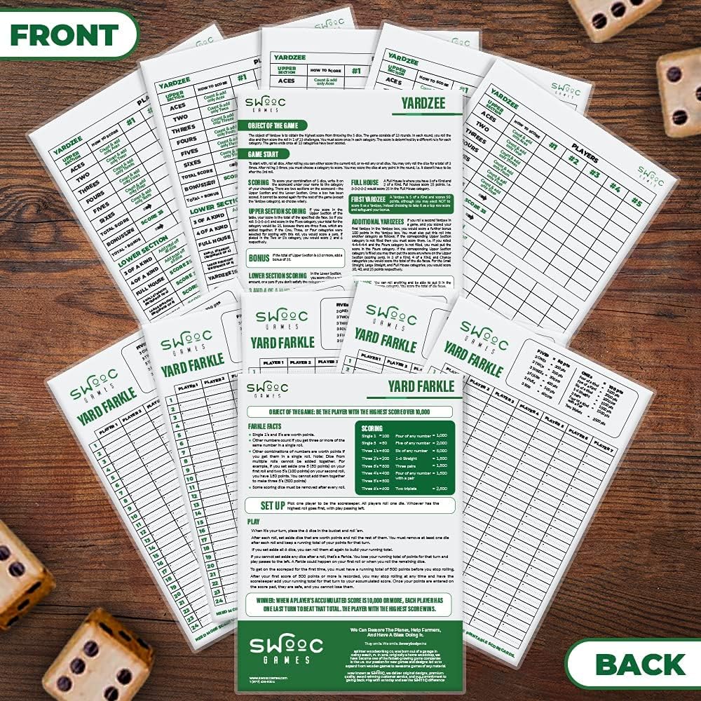 SWOOC Games® - 5 Big Premium Laminated Yardzee & Farkle Score Cards (11.5in x 8in) with Rules - Large Reusable Dry Erase Pads for Giant Outdoor Dice