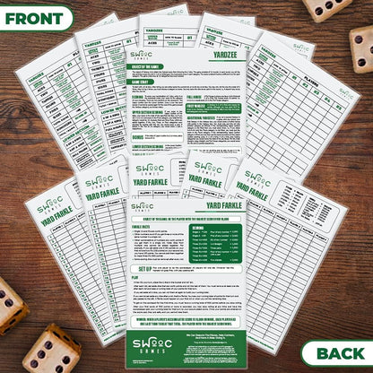 SWOOC Games® - 5 Big Premium Laminated Yardzee & Farkle Score Cards (11.5in x 8in) with Rules - Large Reusable Dry Erase Pads for Giant Outdoor Dice