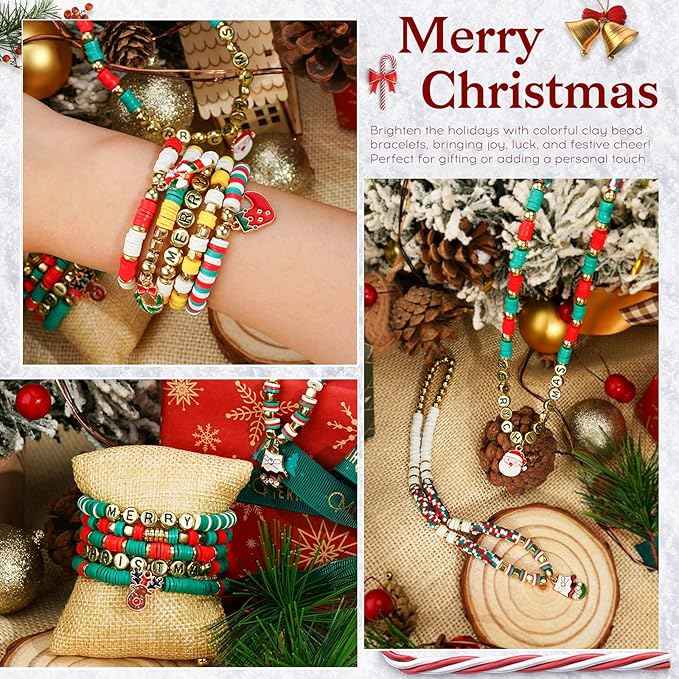 Gionlion Christmas Beads for Bracelets, Clay Beads Bracelat Making kit Golden Beads Christmas Crafts Stocking Stuffers Decorations Charms for Jewelry Making, DIY Crafts Gifts