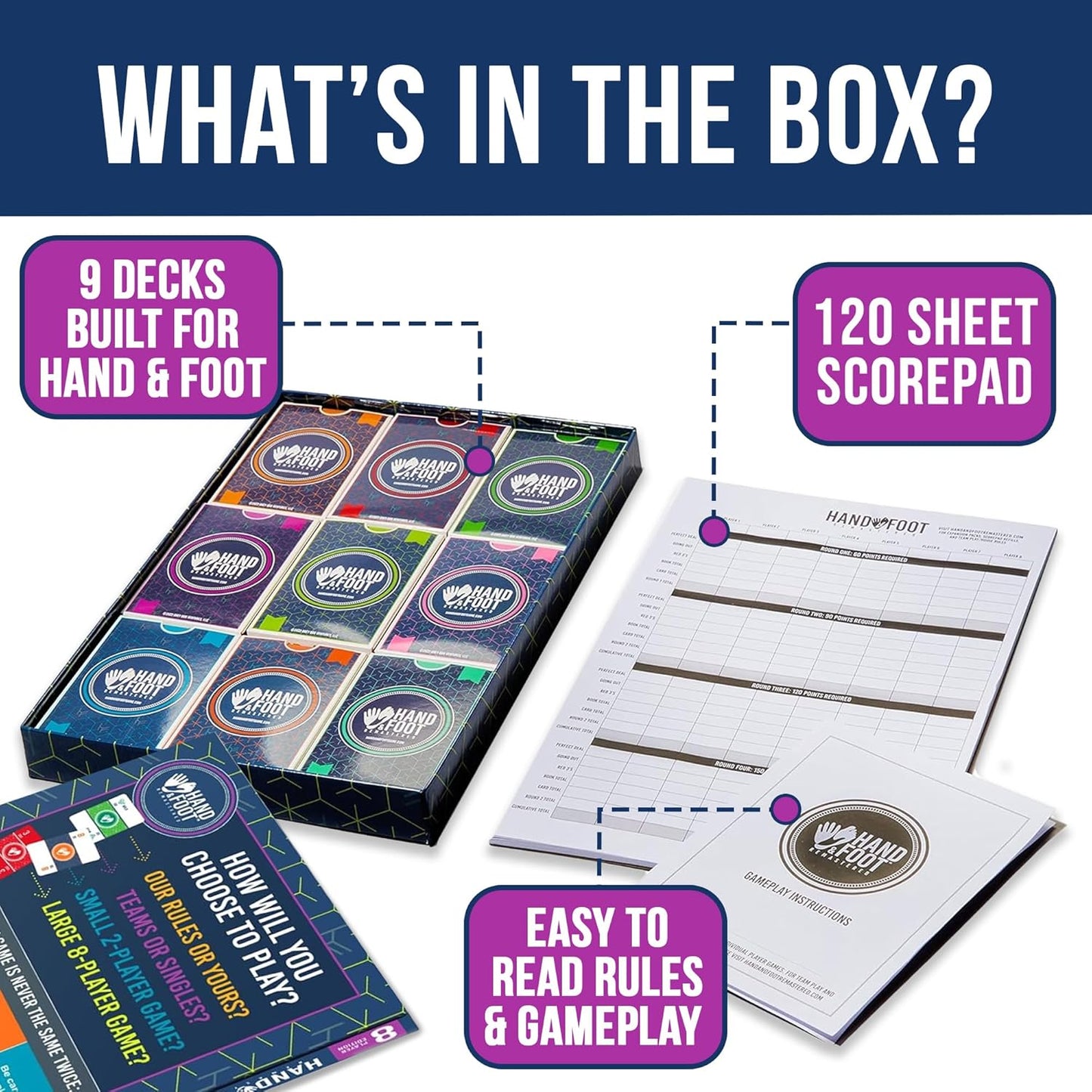 Hand & Foot Remastered 8 Player Edition + Bonus 120-Page Scorepad – Card Game for Adults & Families