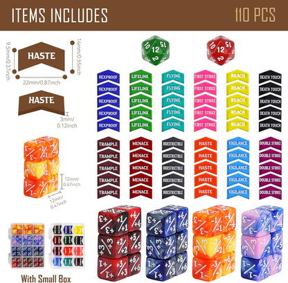 110PCS MTG Keywords Tokens & 12mm Dice Counter for Magic The Gatering, Bulk Ability Tokens MTG Life Counters D20 Loyalty 6 Sided Dice, Compatible with TCG CCG Magic Card Gaming Accessories