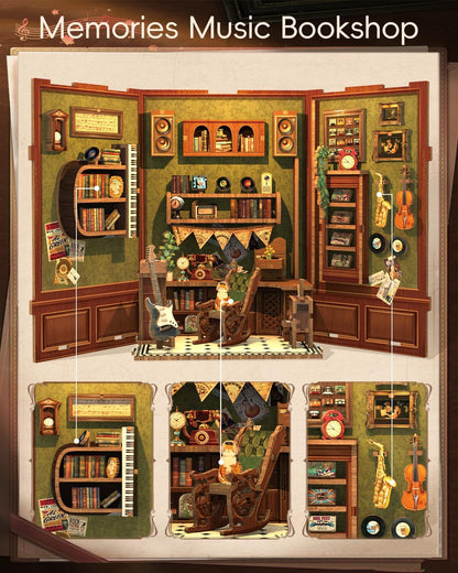CUTEBEE Book Nook Kit - DIY Miniature House Dollhouse Kit for Adult and Teens, Booknook Bookshelf Decor Alley Model Build with LED Light, Gifts for Family and Friends (Memories Music Bookshop)