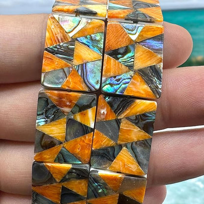 AlohaGemsUSA Spiny Oyster & Abalone Shell Beads - Native American Style (Triangular Mosaic Inlay Artistry with Meticulous Workmanship) Rectangle 15X20mm (Full Strand 16 Inches - 20 Beads)