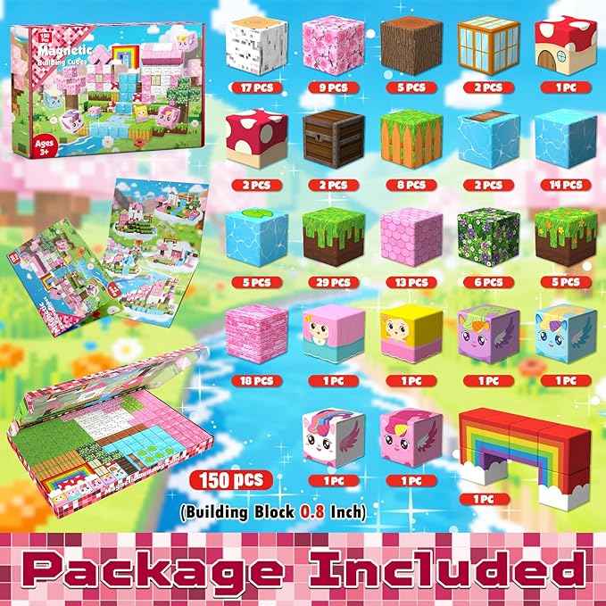 Magnetic Blocks - 150PCS Building Blocks Unicorn Cubes - Toys for Montessori Toddler Christmas Birthday Gifts - STEM Sensory Toys for 3 4 9 10 Year Old Girl