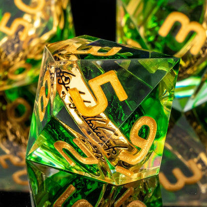 OUKELANWO Magic Lord Rings DND Dice Set with Box, 7Pcs Resin LOTR D&D Dice Set for Role Playing Game, Green Gold Dungeons Dragons D and D Sharp Edge Dice D20 D12 D10 D8 D6 D4