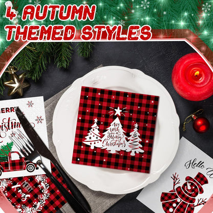 Janlaugh 200 Pcs Christmas Paper Cocktail Napkins Disposable 2 Ply Xmas Style Decoupage Beverage Napkins for Xmas Holiday Winter Dinner Table Decor