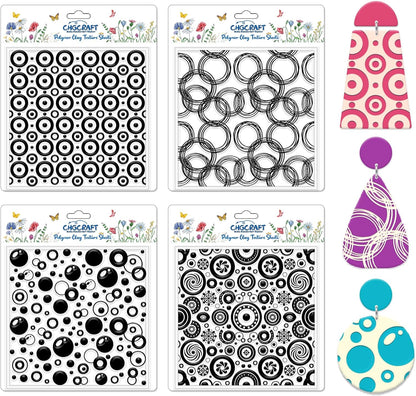 CHGCRAFT 4 Pcs Looped Circles Polymer Clay Texture Sheets Artistic Dots Silicone Texture Stamp Circular Style Modeling Pattern Pad Sheets for Jewelry and Earrings Tools, 5.5x5.5 inch