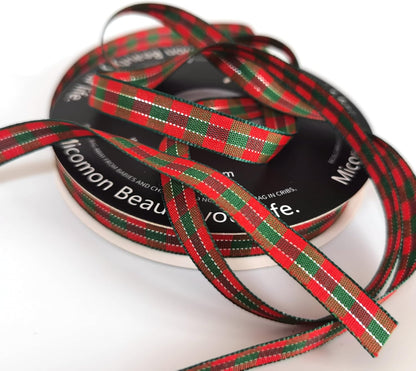 Micomon X'Mas Gingham Ribbon Green Red Metallic Gingham Ribbon 25 Yards Each Roll 100% Polyester (3/8",RedGreenGold) - Crafty Corner