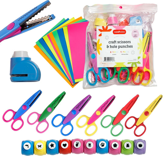 Incraftables Craft Scissors with Decorative Edge – 26 Piece Crafting Set - 6 Scissors with Fun Decorative Edge - 10 Paper Hole Punch Shapes & 10 Colorful Pieces of Paper - Crafty Corner